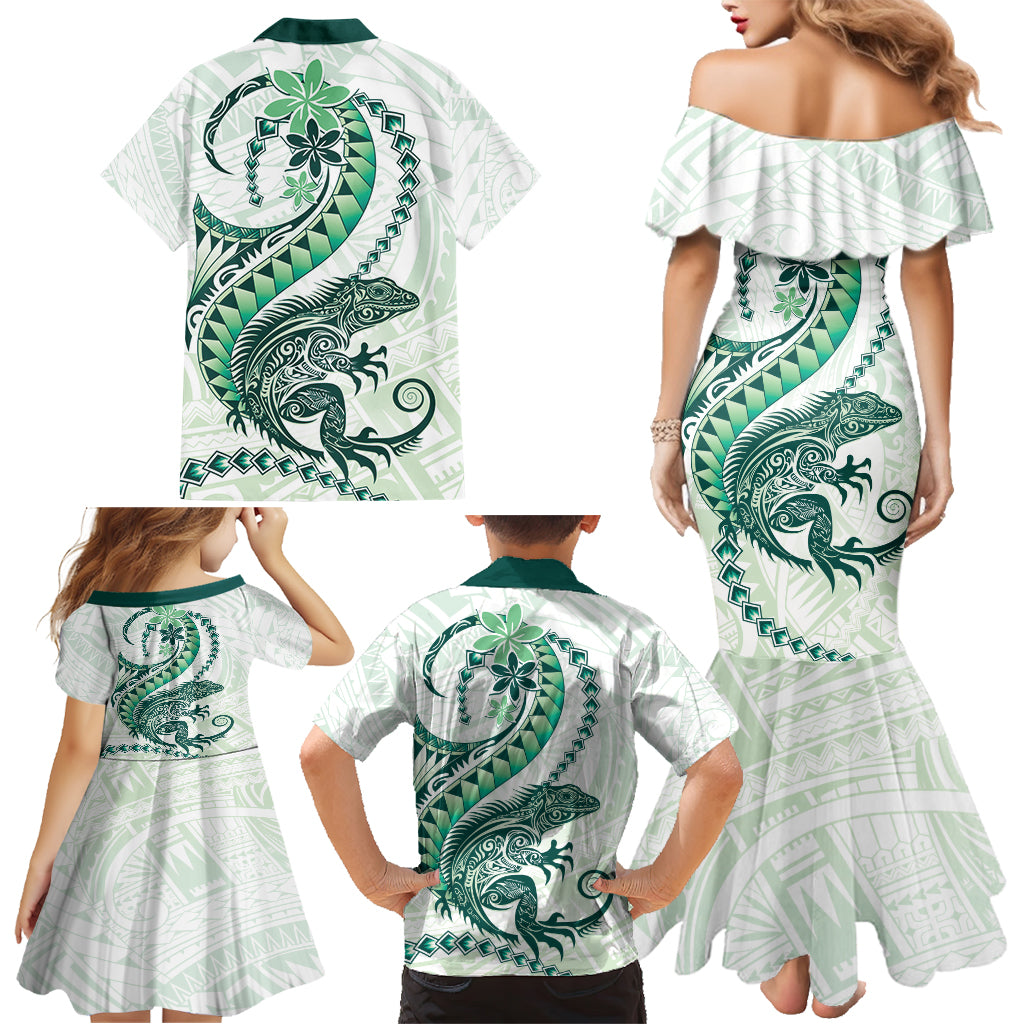 Green Maori Tuatara Family Matching Mermaid Dress and Hawaiian Shirt Luxury Pastel Pattern LT01 - Polynesian Pride