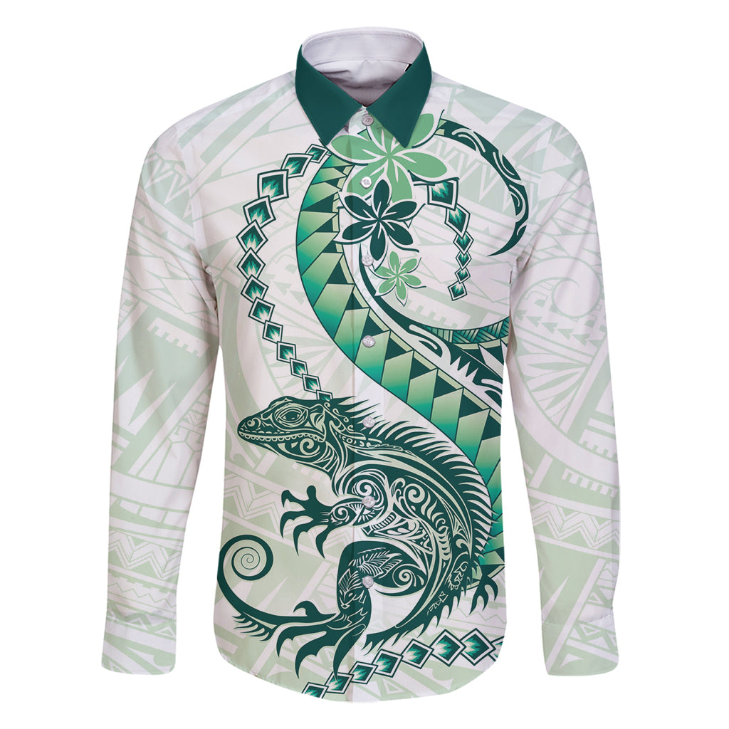 Green Maori Tuatara Family Matching Mermaid Dress and Hawaiian Shirt Luxury Pastel Pattern LT01 Dad's Shirt - Long Sleeve Green - Polynesian Pride