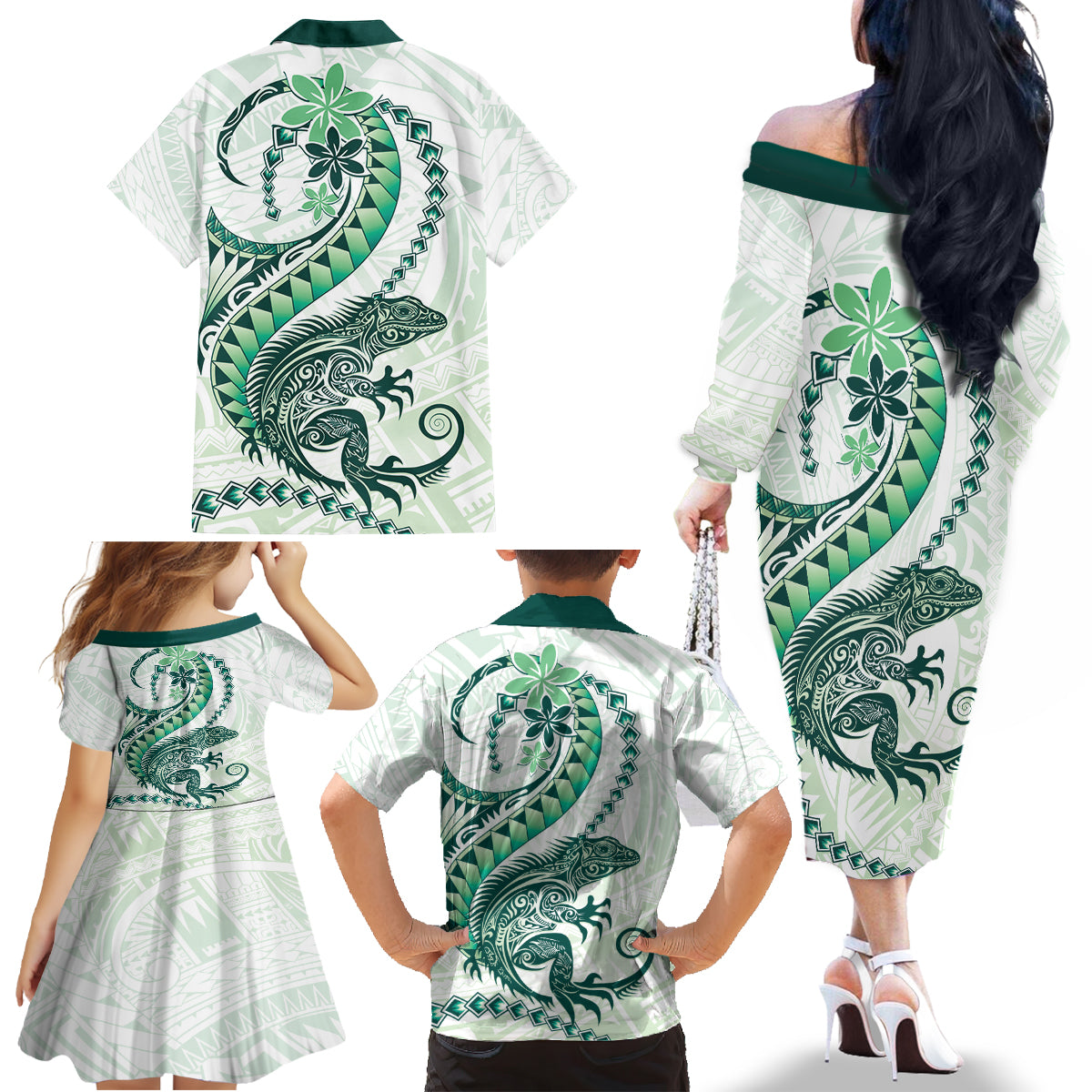 Green Maori Tuatara Family Matching Off The Shoulder Long Sleeve Dress and Hawaiian Shirt Luxury Pastel Pattern LT01 - Polynesian Pride