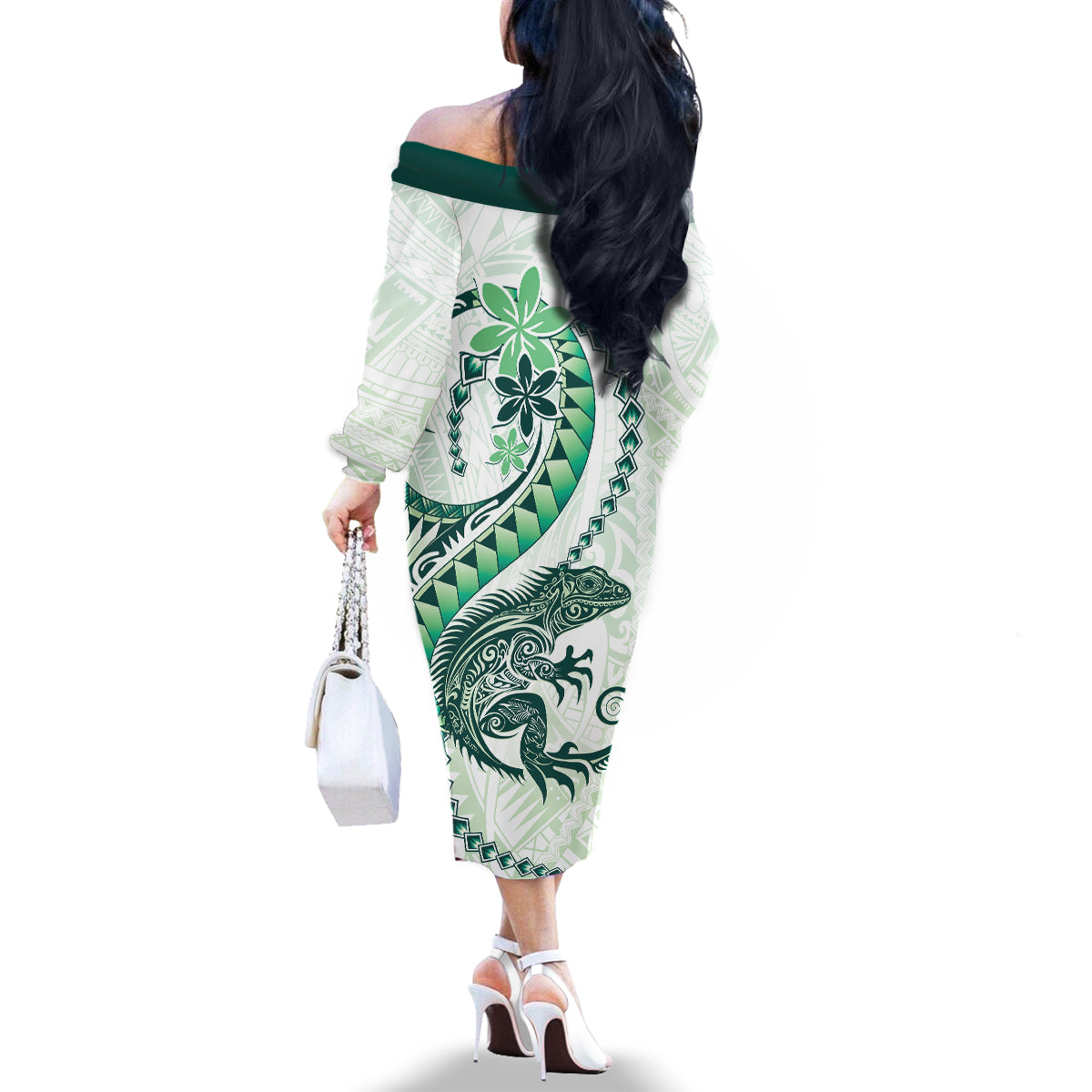 Green Maori Tuatara Family Matching Off The Shoulder Long Sleeve Dress and Hawaiian Shirt Luxury Pastel Pattern LT01 - Polynesian Pride