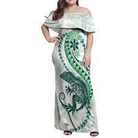 Green Maori Tuatara Family Matching Off Shoulder Maxi Dress and Hawaiian Shirt Luxury Pastel Pattern LT01 Mom's Dress Green - Polynesian Pride