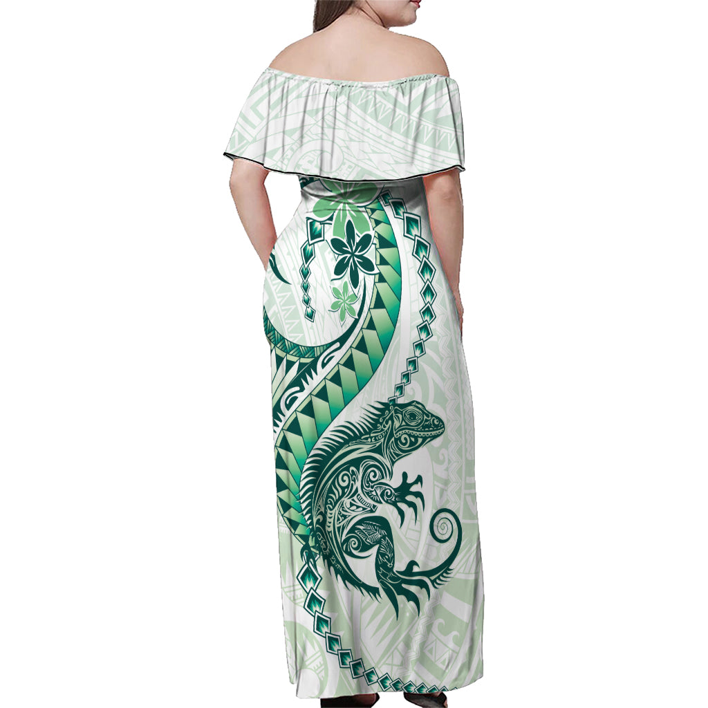 Green Maori Tuatara Family Matching Off Shoulder Maxi Dress and Hawaiian Shirt Luxury Pastel Pattern LT01 - Polynesian Pride