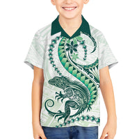 Green Maori Tuatara Family Matching Off Shoulder Maxi Dress and Hawaiian Shirt Luxury Pastel Pattern LT01 Son's Shirt Green - Polynesian Pride