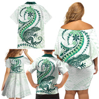 Green Maori Tuatara Family Matching Off Shoulder Short Dress and Hawaiian Shirt Luxury Pastel Pattern LT01 - Polynesian Pride