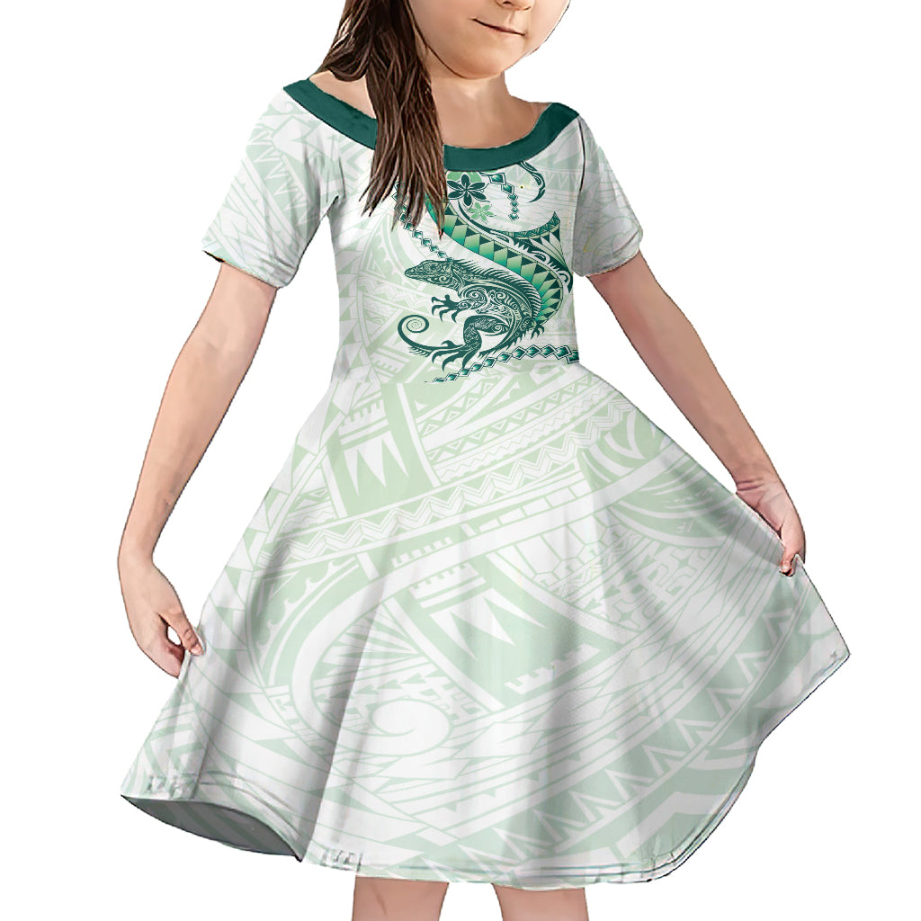 Green Maori Tuatara Family Matching Short Sleeve Bodycon Dress and Hawaiian Shirt Luxury Pastel Pattern LT01 Daughter's Dress Green - Polynesian Pride