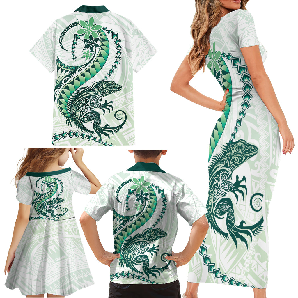 Green Maori Tuatara Family Matching Short Sleeve Bodycon Dress and Hawaiian Shirt Luxury Pastel Pattern LT01 - Polynesian Pride