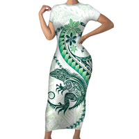 Green Maori Tuatara Family Matching Short Sleeve Bodycon Dress and Hawaiian Shirt Luxury Pastel Pattern LT01 Mom's Dress Green - Polynesian Pride