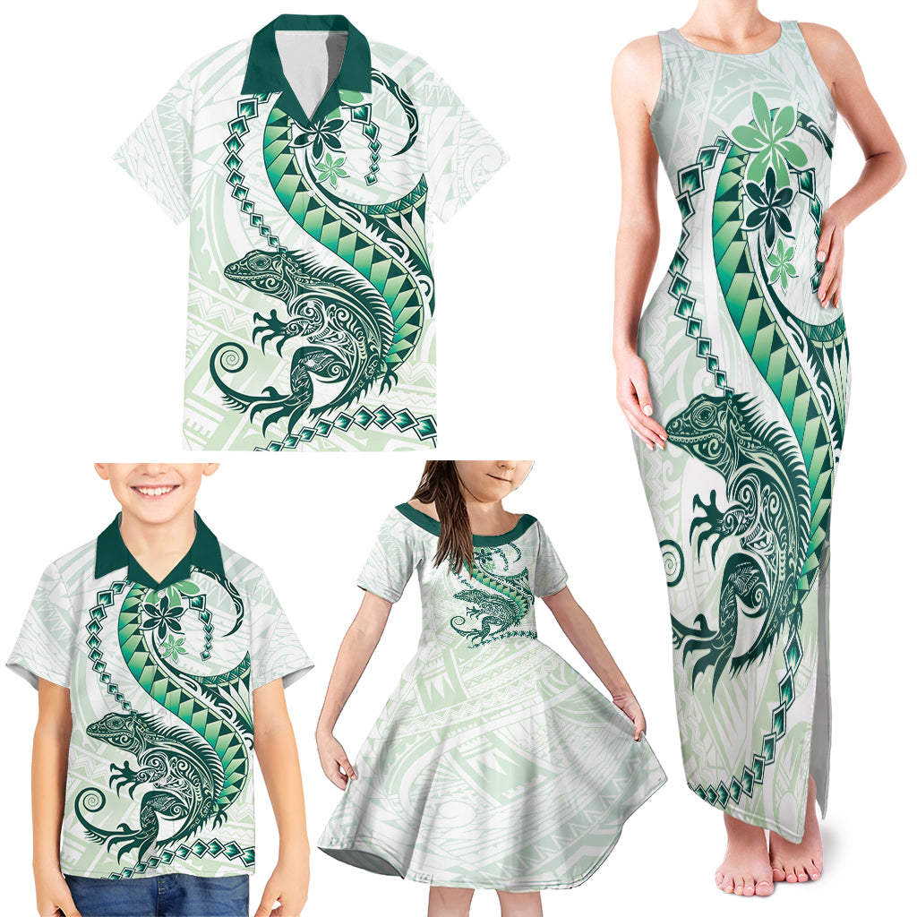 Green Maori Tuatara Family Matching Tank Maxi Dress and Hawaiian Shirt Luxury Pastel Pattern LT01 - Polynesian Pride