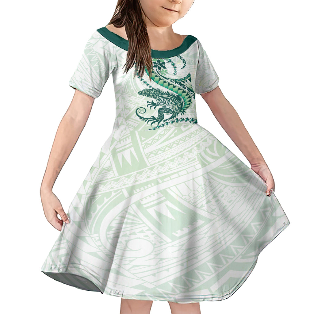 Green Maori Tuatara Kid Short Sleeve Dress Luxury Pastel Pattern LT01 KID Green - Polynesian Pride