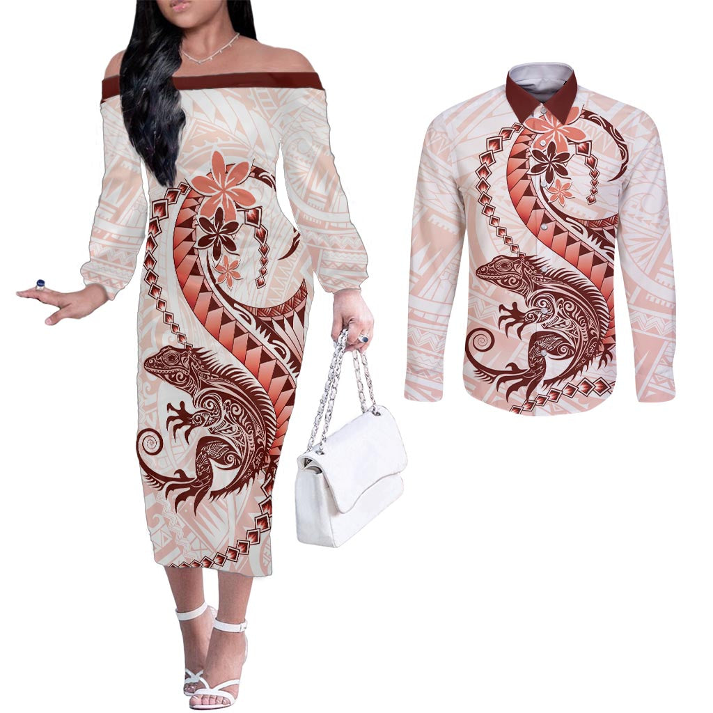 Red Maori Tuatara Couples Matching Off The Shoulder Long Sleeve Dress and Long Sleeve Button Shirt Luxury Pastel Pattern LT01 Red - Polynesian Pride