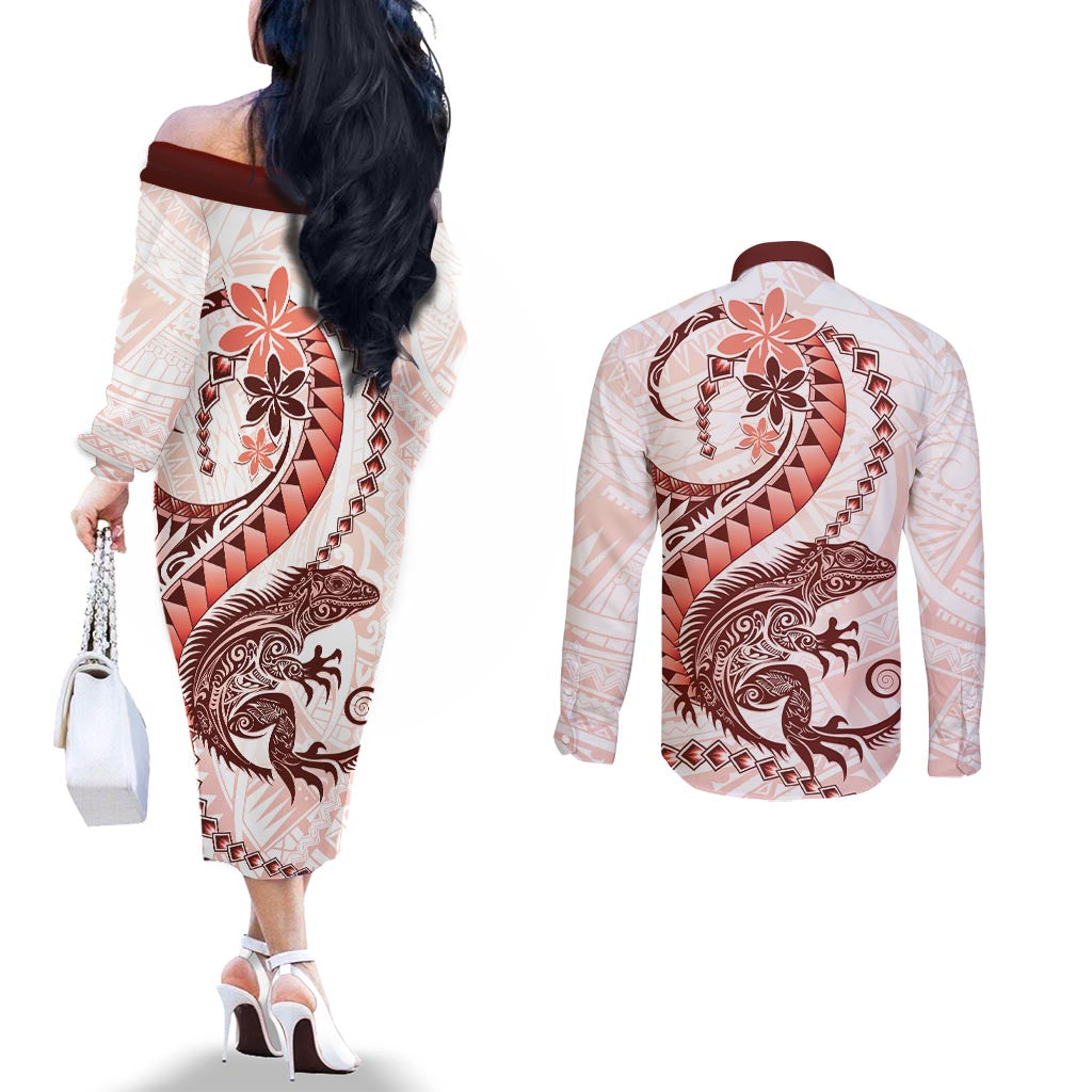 Red Maori Tuatara Couples Matching Off The Shoulder Long Sleeve Dress and Long Sleeve Button Shirt Luxury Pastel Pattern LT01 - Polynesian Pride