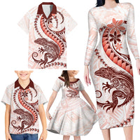 Red Maori Tuatara Family Matching Long Sleeve Bodycon Dress and Hawaiian Shirt Luxury Pastel Pattern LT01 - Polynesian Pride