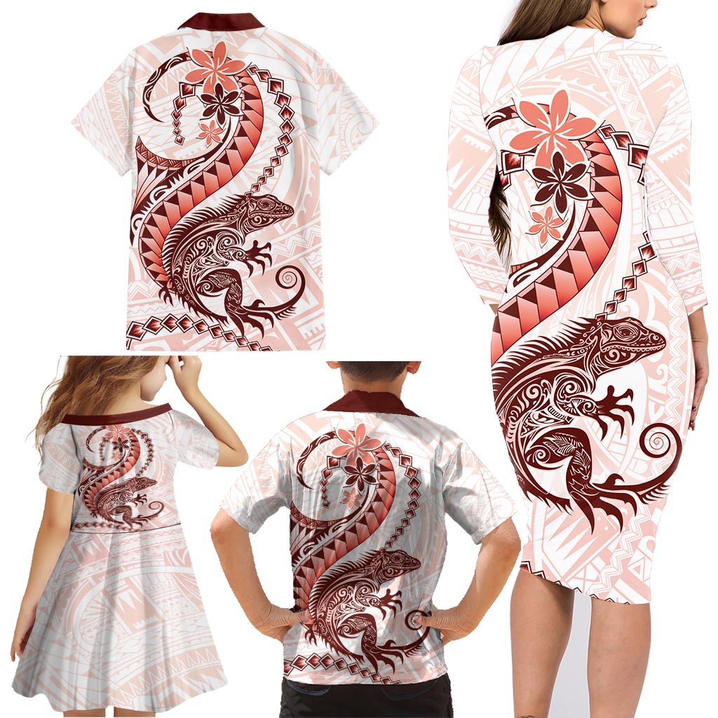 Red Maori Tuatara Family Matching Long Sleeve Bodycon Dress and Hawaiian Shirt Luxury Pastel Pattern LT01 - Polynesian Pride