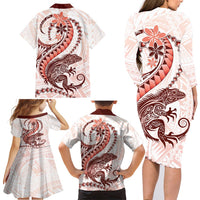 Red Maori Tuatara Family Matching Long Sleeve Bodycon Dress and Hawaiian Shirt Luxury Pastel Pattern LT01 - Polynesian Pride
