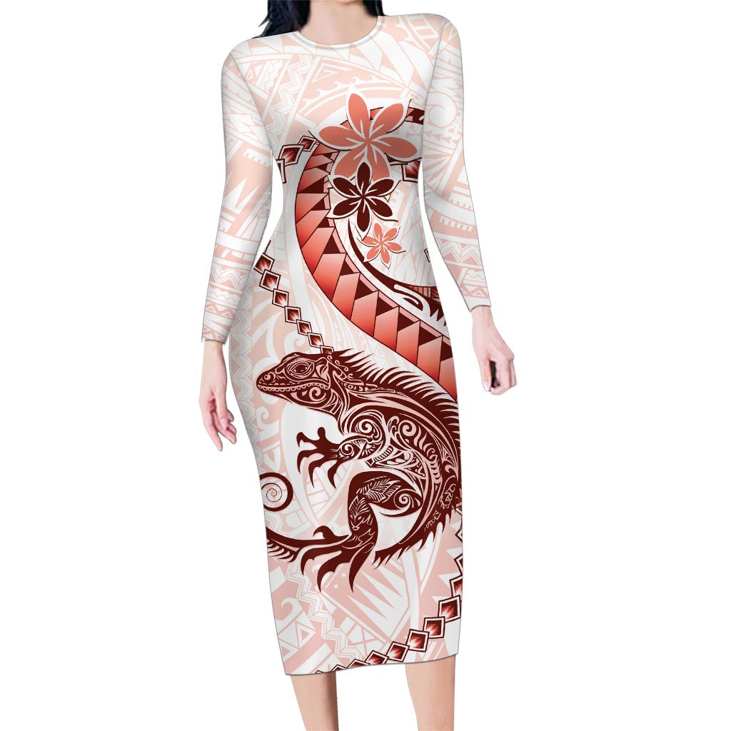 Red Maori Tuatara Family Matching Long Sleeve Bodycon Dress and Hawaiian Shirt Luxury Pastel Pattern LT01 Mom's Dress Red - Polynesian Pride