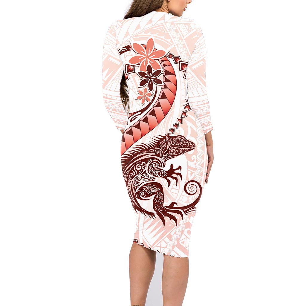 Red Maori Tuatara Family Matching Long Sleeve Bodycon Dress and Hawaiian Shirt Luxury Pastel Pattern LT01 - Polynesian Pride