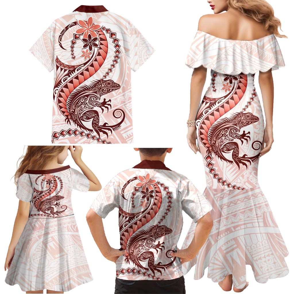 Red Maori Tuatara Family Matching Mermaid Dress and Hawaiian Shirt Luxury Pastel Pattern LT01 - Polynesian Pride