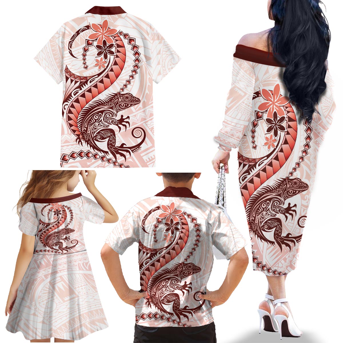 Red Maori Tuatara Family Matching Off The Shoulder Long Sleeve Dress and Hawaiian Shirt Luxury Pastel Pattern LT01 - Polynesian Pride