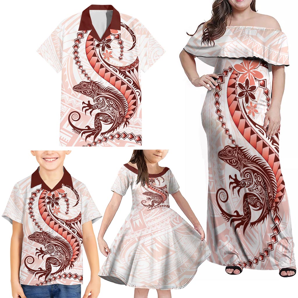 Red Maori Tuatara Family Matching Off Shoulder Maxi Dress and Hawaiian Shirt Luxury Pastel Pattern LT01 - Polynesian Pride