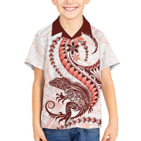 Red Maori Tuatara Family Matching Off Shoulder Short Dress and Hawaiian Shirt Luxury Pastel Pattern LT01 Son's Shirt Red - Polynesian Pride