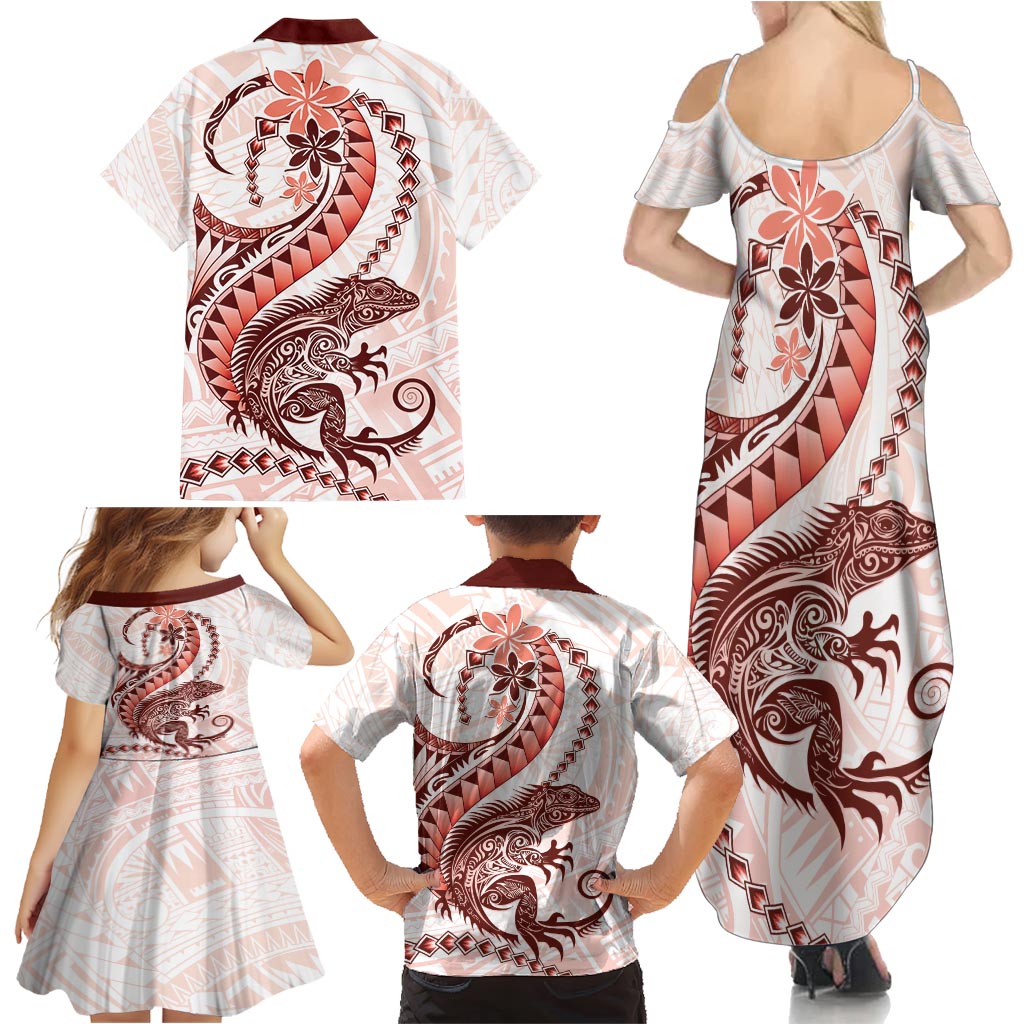 Red Maori Tuatara Family Matching Summer Maxi Dress and Hawaiian Shirt Luxury Pastel Pattern LT01 - Polynesian Pride
