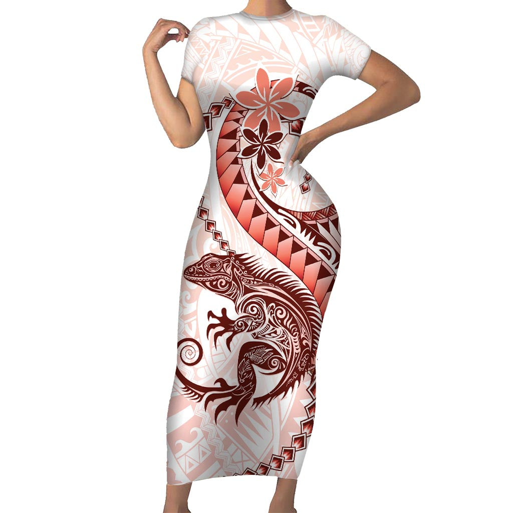 Red Maori Tuatara Short Sleeve Bodycon Dress Luxury Pastel Pattern LT01 Long Dress Red - Polynesian Pride