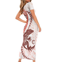 Red Maori Tuatara Short Sleeve Bodycon Dress Luxury Pastel Pattern LT01 - Polynesian Pride