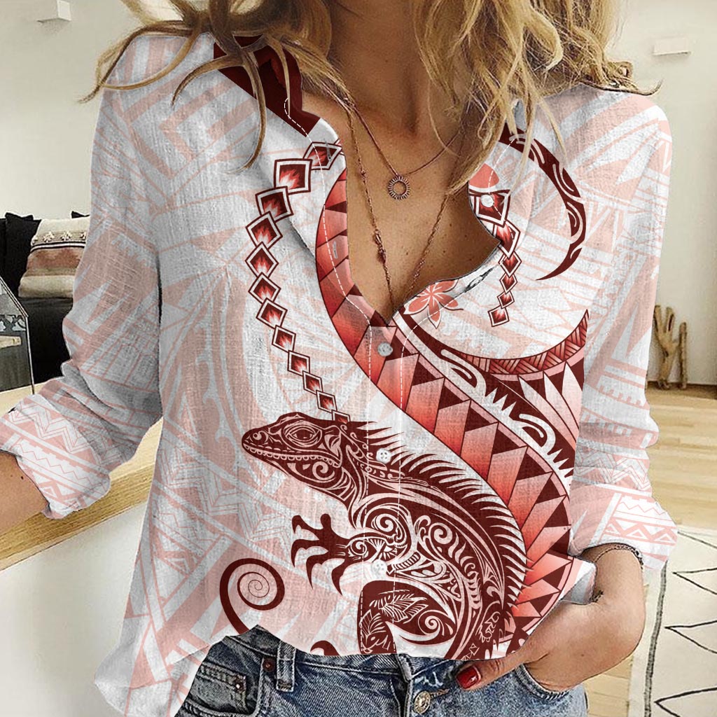Red Maori Tuatara Women Casual Shirt Luxury Pastel Pattern LT01 Female Red - Polynesian Pride