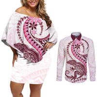 Pink Maori Tuatara Couples Matching Off Shoulder Short Dress and Long Sleeve Button Shirt Luxury Pastel Pattern LT01 Pink - Polynesian Pride