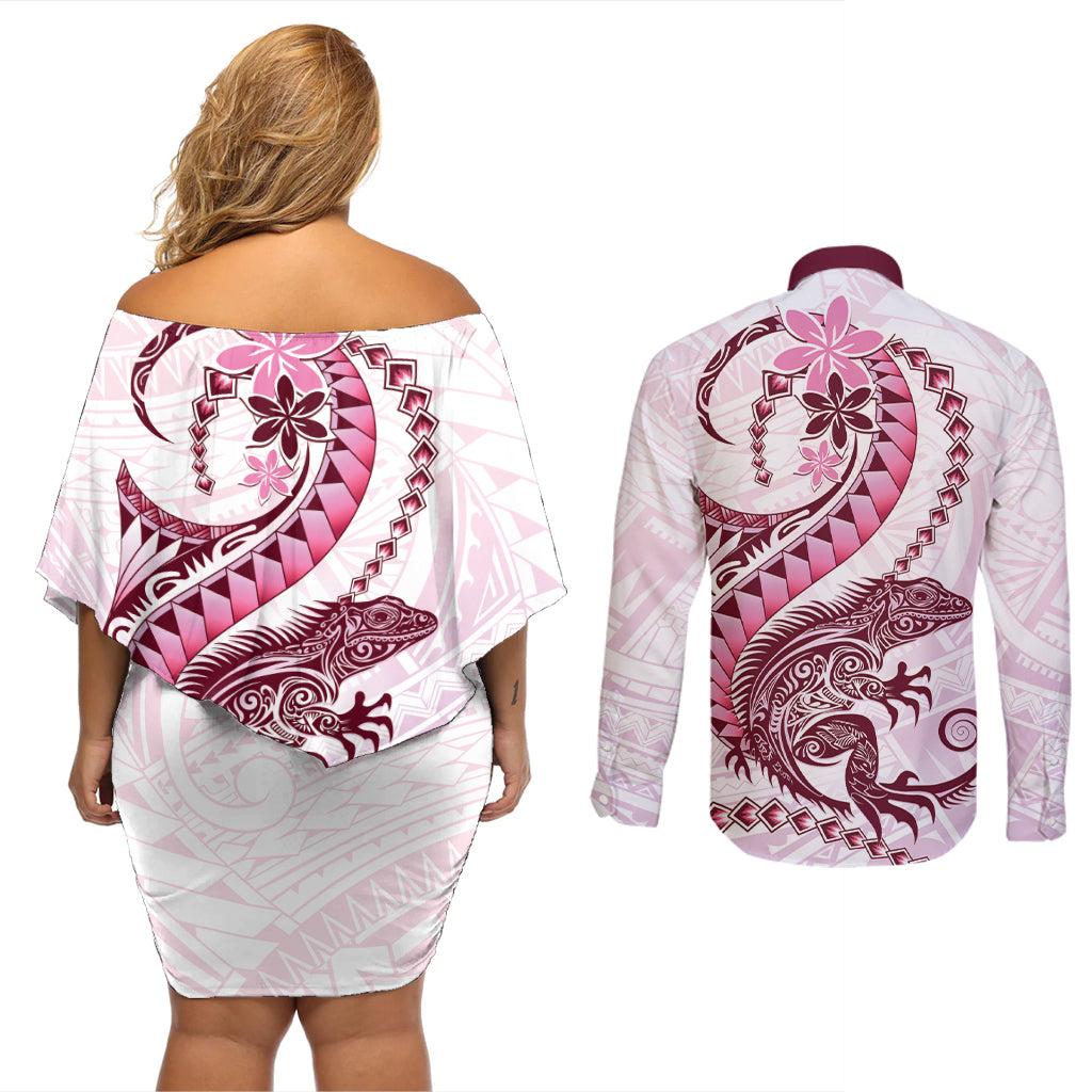 Pink Maori Tuatara Couples Matching Off Shoulder Short Dress and Long Sleeve Button Shirt Luxury Pastel Pattern LT01 - Polynesian Pride
