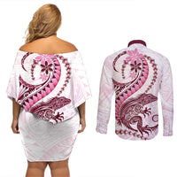 Pink Maori Tuatara Couples Matching Off Shoulder Short Dress and Long Sleeve Button Shirt Luxury Pastel Pattern LT01 - Polynesian Pride