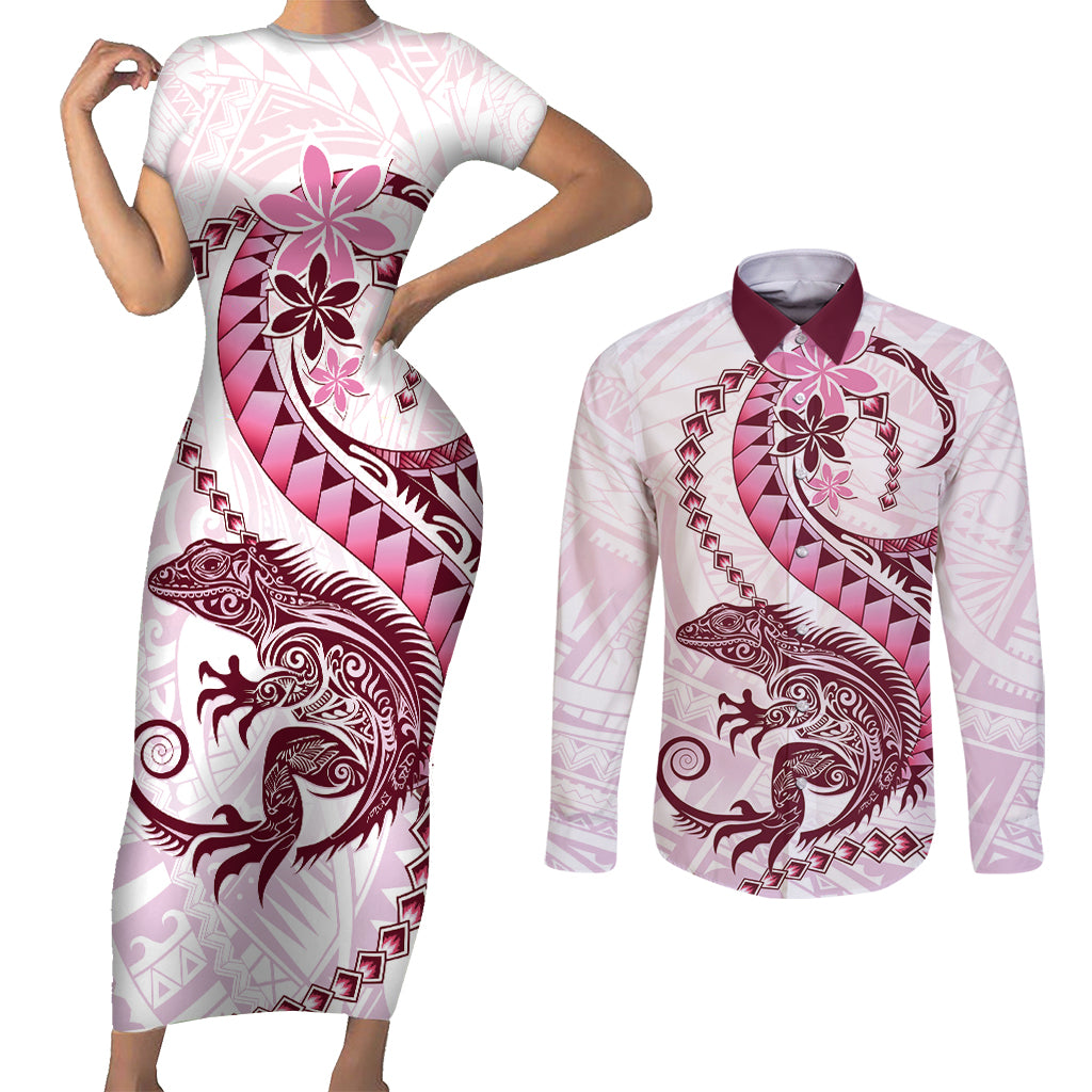 Pink Maori Tuatara Couples Matching Short Sleeve Bodycon Dress and Long Sleeve Button Shirt Luxury Pastel Pattern
