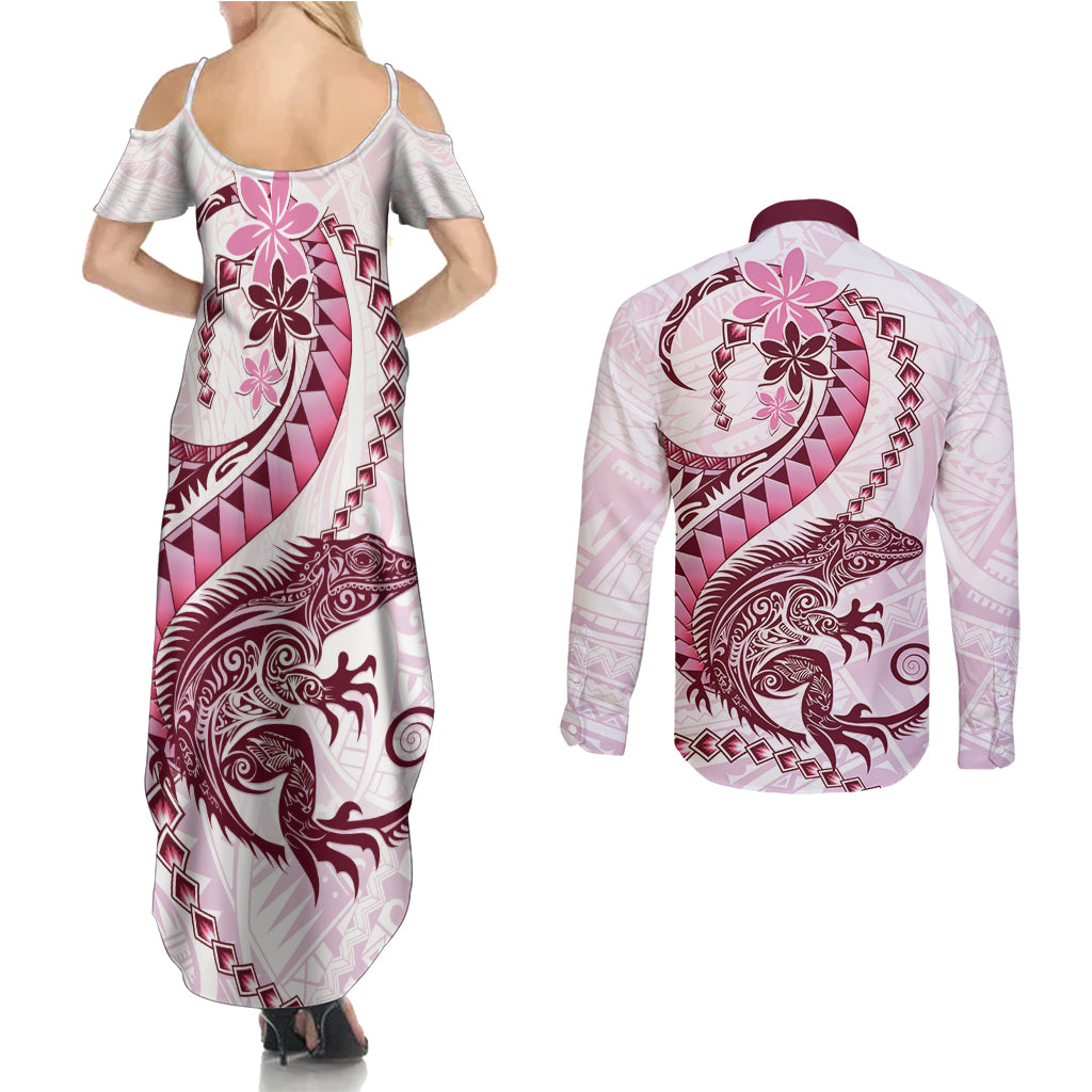 Pink Maori Tuatara Couples Matching Summer Maxi Dress and Long Sleeve Button Shirt Luxury Pastel Pattern