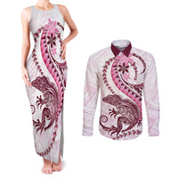 Pink Maori Tuatara Couples Matching Tank Maxi Dress and Long Sleeve Button Shirt Luxury Pastel Pattern