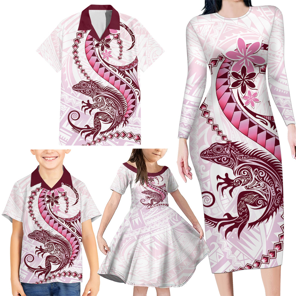 Pink Maori Tuatara Family Matching Long Sleeve Bodycon Dress and Hawaiian Shirt Luxury Pastel Pattern LT01 - Polynesian Pride