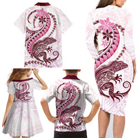Pink Maori Tuatara Family Matching Long Sleeve Bodycon Dress and Hawaiian Shirt Luxury Pastel Pattern LT01 - Polynesian Pride