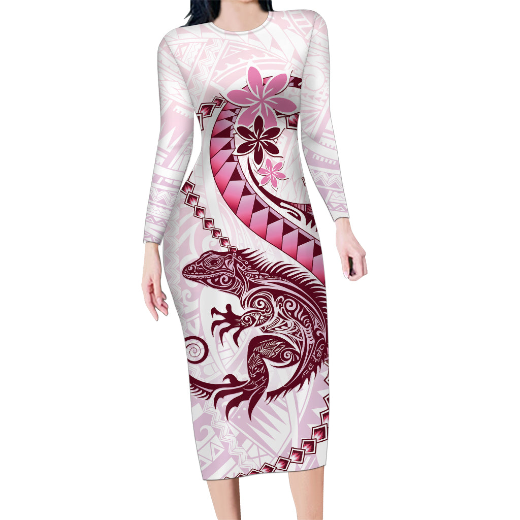 Pink Maori Tuatara Family Matching Long Sleeve Bodycon Dress and Hawaiian Shirt Luxury Pastel Pattern LT01 Mom's Dress Pink - Polynesian Pride
