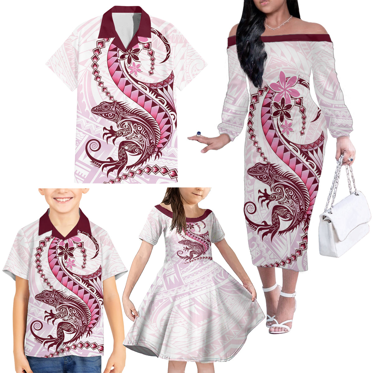 Pink Maori Tuatara Family Matching Off The Shoulder Long Sleeve Dress and Hawaiian Shirt Luxury Pastel Pattern LT01 - Polynesian Pride