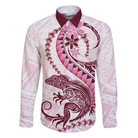 Pink Maori Tuatara Family Matching Off The Shoulder Long Sleeve Dress and Hawaiian Shirt Luxury Pastel Pattern LT01 Dad's Shirt - Long Sleeve Pink - Polynesian Pride