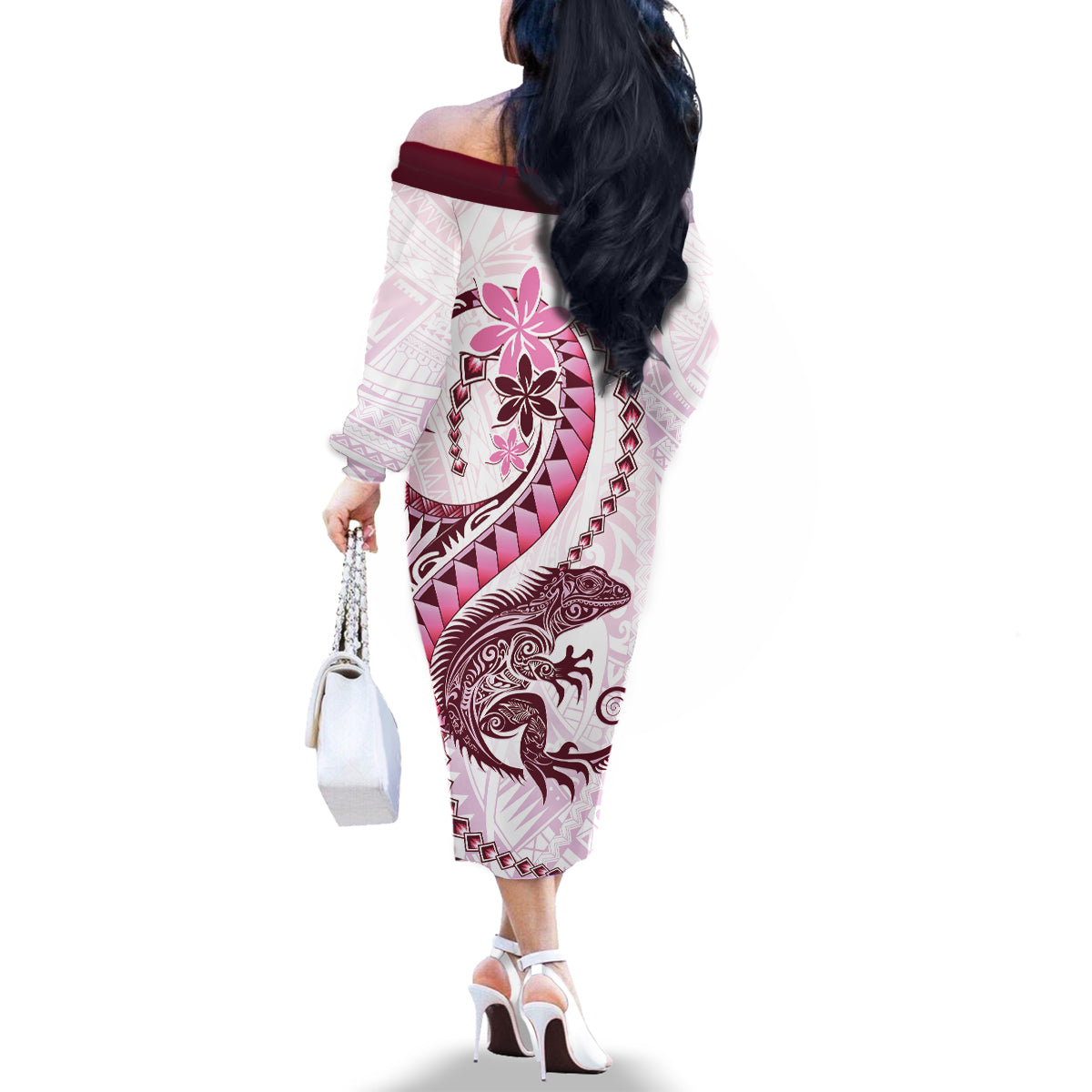 Pink Maori Tuatara Family Matching Off The Shoulder Long Sleeve Dress and Hawaiian Shirt Luxury Pastel Pattern LT01 - Polynesian Pride