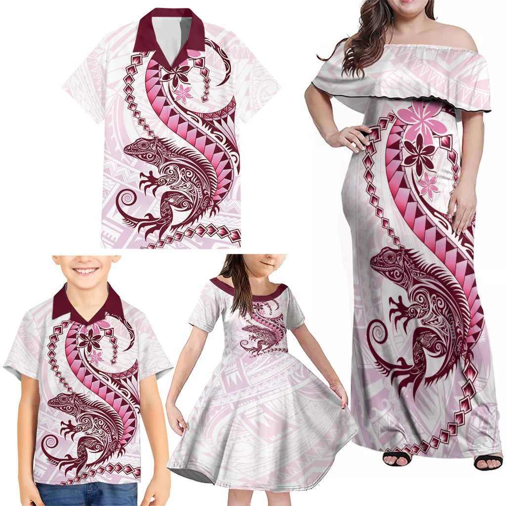 Pink Maori Tuatara Family Matching Off Shoulder Maxi Dress and Hawaiian Shirt Luxury Pastel Pattern LT01 - Polynesian Pride
