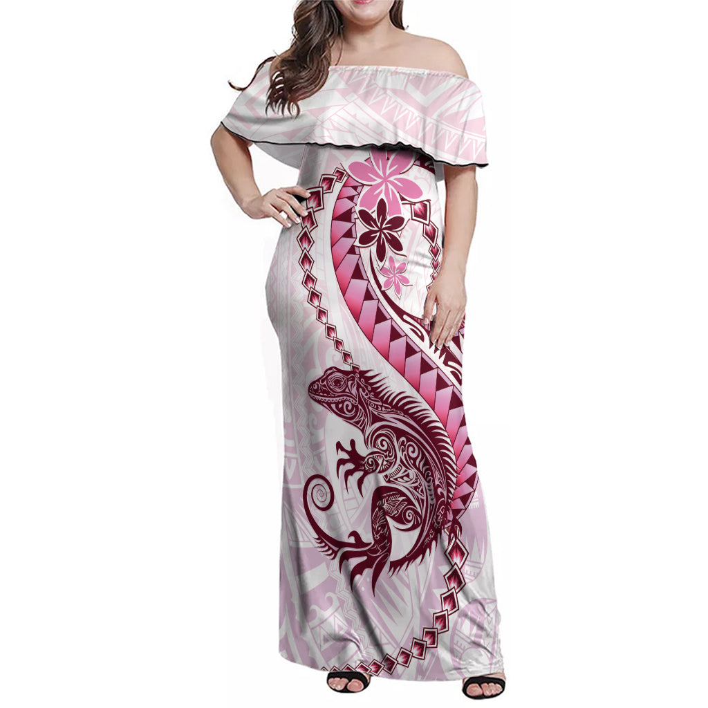 Pink Maori Tuatara Family Matching Off Shoulder Maxi Dress and Hawaiian Shirt Luxury Pastel Pattern LT01 Mom's Dress Pink - Polynesian Pride