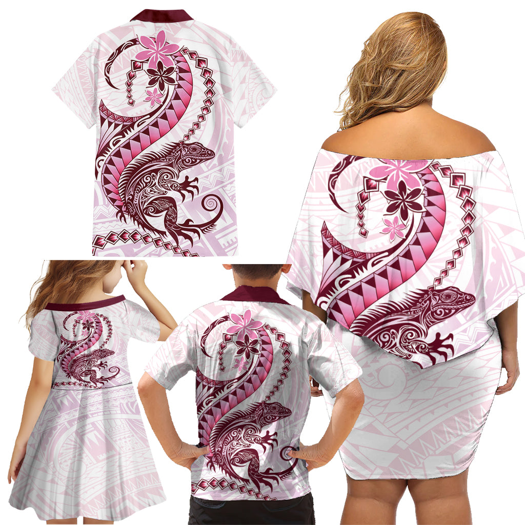 Pink Maori Tuatara Family Matching Off Shoulder Short Dress and Hawaiian Shirt Luxury Pastel Pattern LT01 - Polynesian Pride