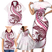 Pink Maori Tuatara Family Matching Short Sleeve Bodycon Dress and Hawaiian Shirt Luxury Pastel Pattern LT01 - Polynesian Pride