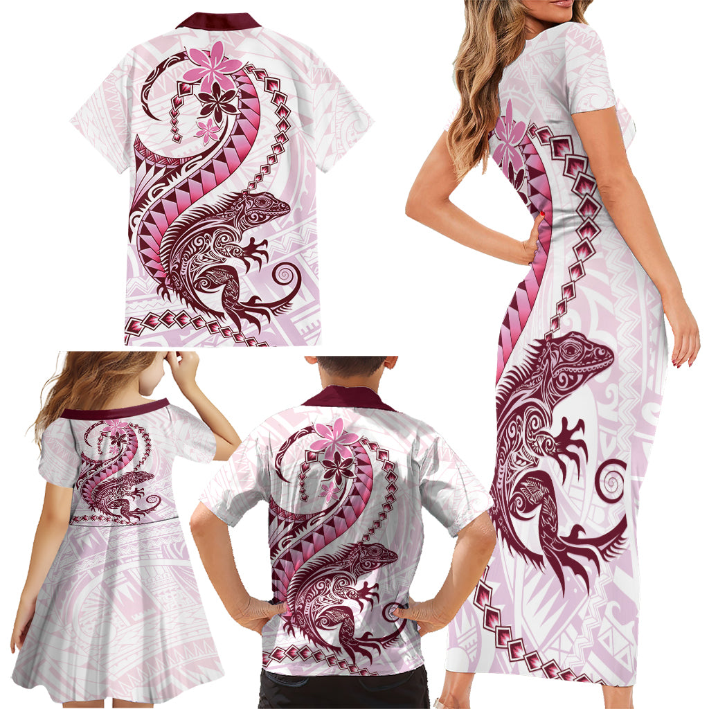 Pink Maori Tuatara Family Matching Short Sleeve Bodycon Dress and Hawaiian Shirt Luxury Pastel Pattern LT01 - Polynesian Pride
