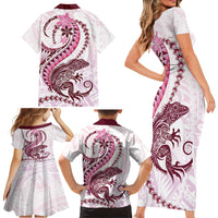 Pink Maori Tuatara Family Matching Short Sleeve Bodycon Dress and Hawaiian Shirt Luxury Pastel Pattern LT01 - Polynesian Pride