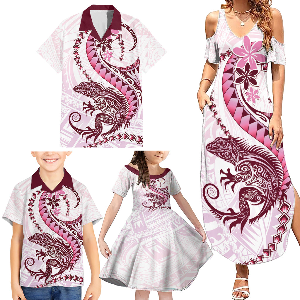 Pink Maori Tuatara Family Matching Summer Maxi Dress and Hawaiian Shirt Luxury Pastel Pattern LT01 - Polynesian Pride