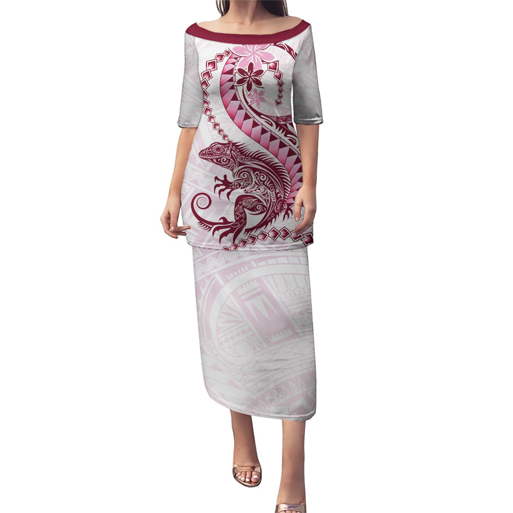 Pink Maori Tuatara Puletasi Luxury Pastel Pattern LT01 Long Dress Pink - Polynesian Pride