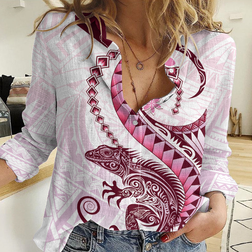 Pink Maori Tuatara Women Casual Shirt Luxury Pastel Pattern LT01 Female Pink - Polynesian Pride
