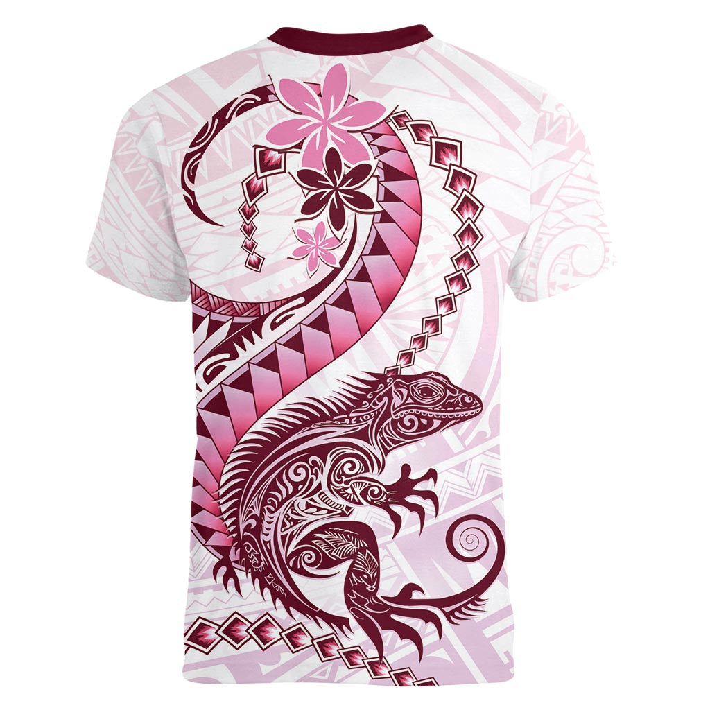 Pink Maori Tuatara Women V-Neck T-Shirt Luxury Pastel Pattern